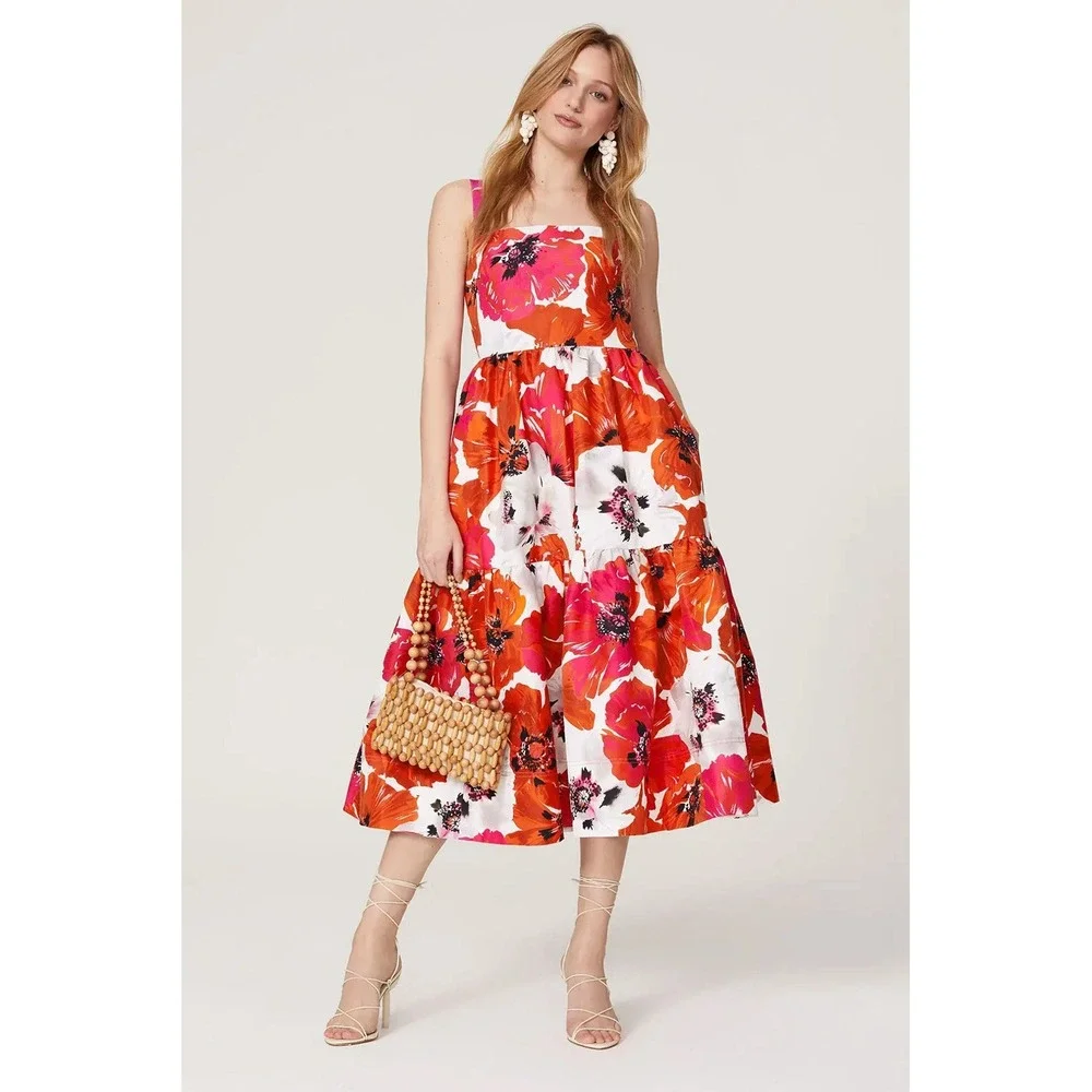 Tanya Taylor Gia Dress Size 2 Red Floral Midi Silk Blend Fit Flare Sundress $545 - Picture 10 of 13